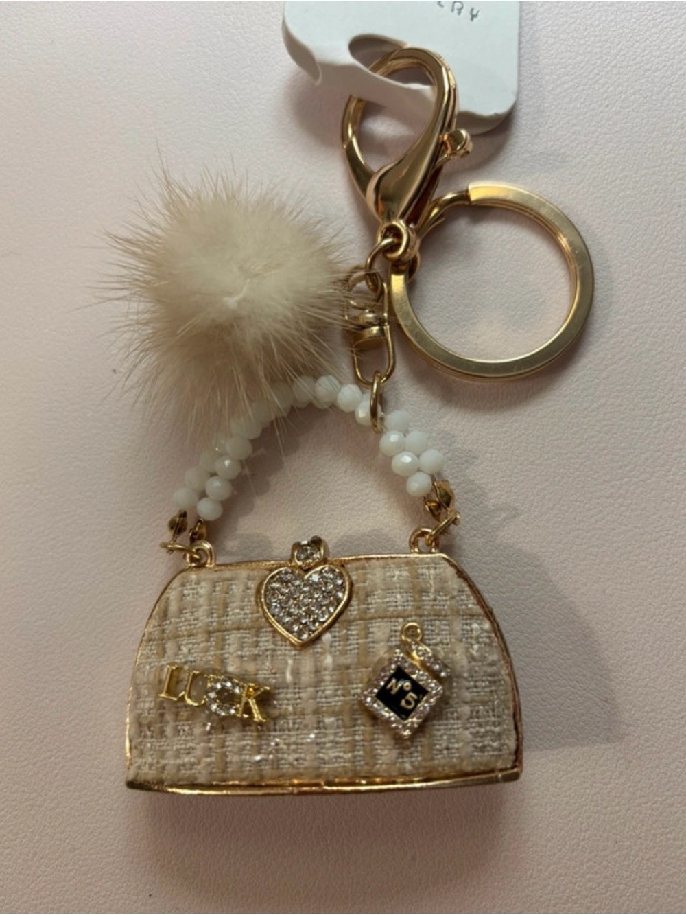 Cream Textured Mini Purse Key & Card Holder with Pom Pom